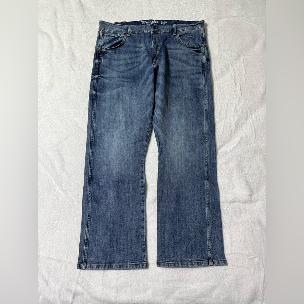 Wrangler Retro Jeans Mens 36x28 Blue Slim‎ Boot Bootcut Mid Rise Medium Wash